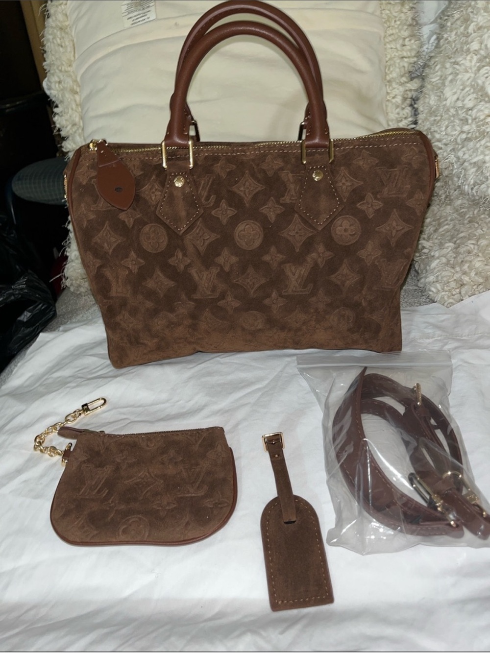 Cute fashion Brown Suede Monogram Satchel with Pouch & Strap